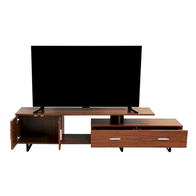 Meuble TV 55 pouces blanc avec étagères ouvertes, tiroirs, armoire et pieds en métal