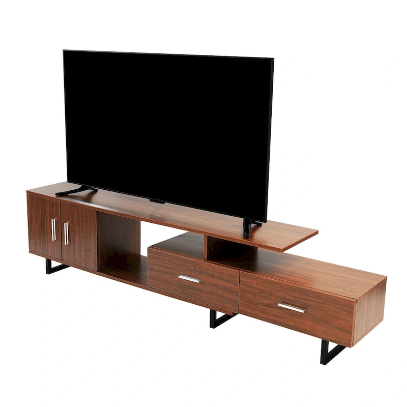 Meuble TV 55 pouces blanc avec étagères ouvertes, tiroirs, armoire et pieds en métal
