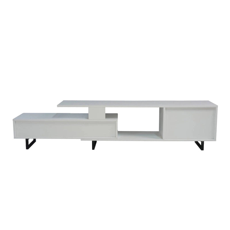 Meuble TV 55 pouces blanc avec étagères ouvertes, tiroirs, armoire et pieds en métal