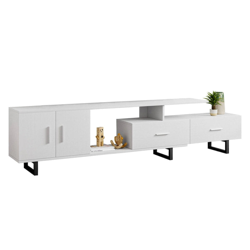 Meuble TV 55 pouces blanc avec étagères ouvertes, tiroirs, armoire et pieds en métal