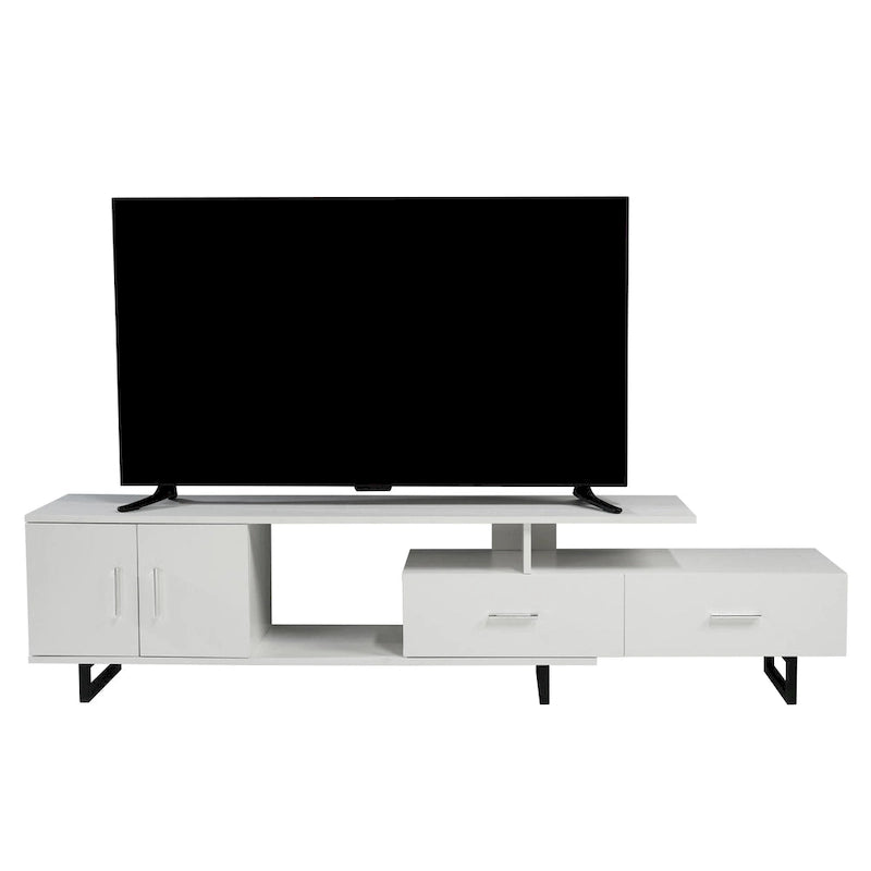 Meuble TV 55 pouces blanc avec étagères ouvertes, tiroirs, armoire et pieds en métal