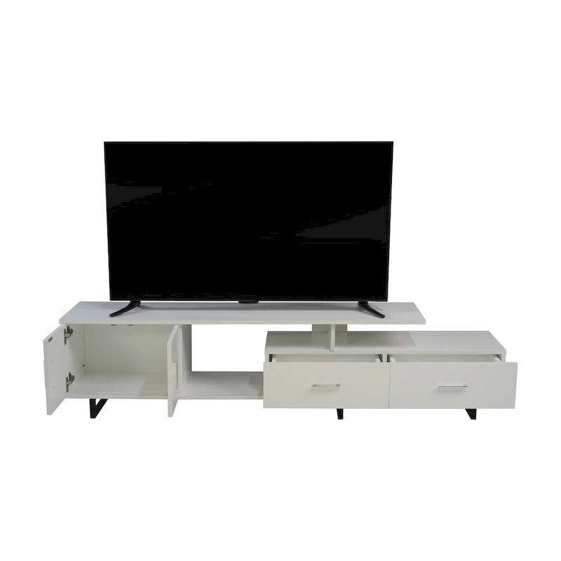 Meuble TV 55 pouces blanc avec étagères ouvertes, tiroirs, armoire et pieds en métal