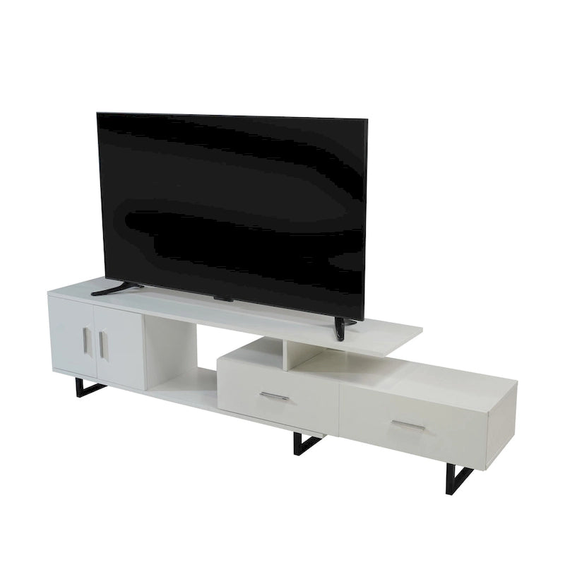 Meuble TV 55 pouces blanc avec étagères ouvertes, tiroirs, armoire et pieds en métal