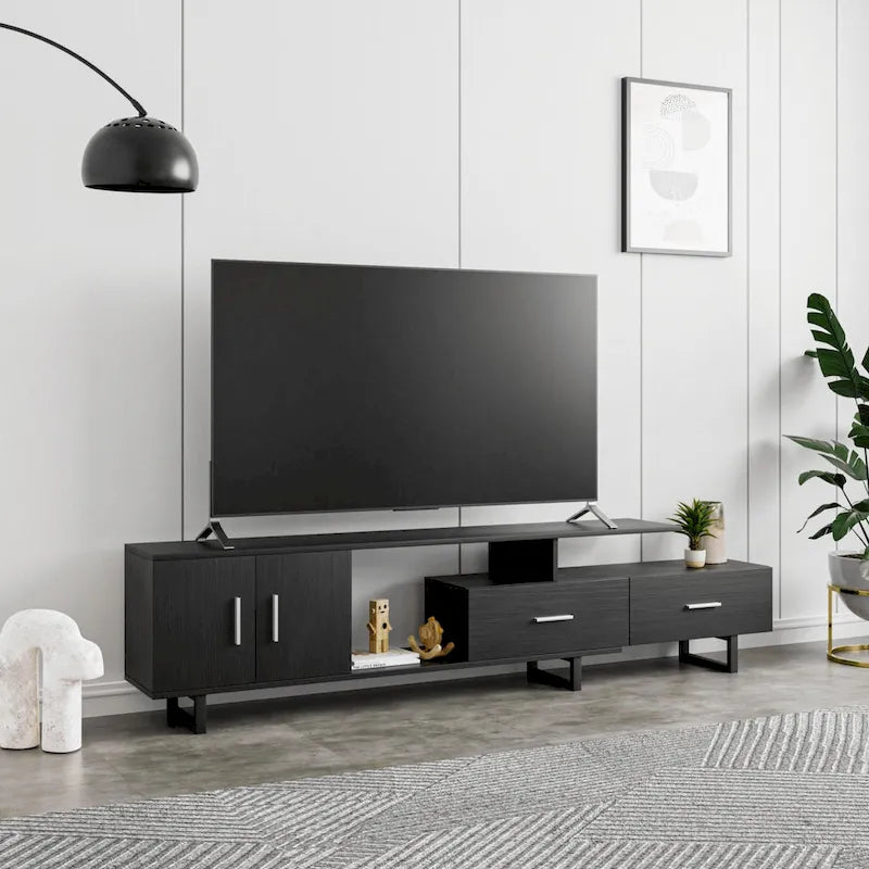 Meuble TV 55 pouces blanc avec étagères ouvertes, tiroirs, armoire et pieds en métal