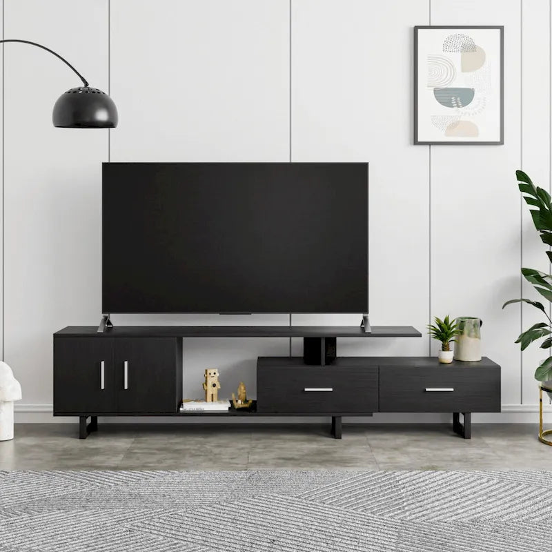 Meuble TV 55 pouces blanc avec étagères ouvertes, tiroirs, armoire et pieds en métal