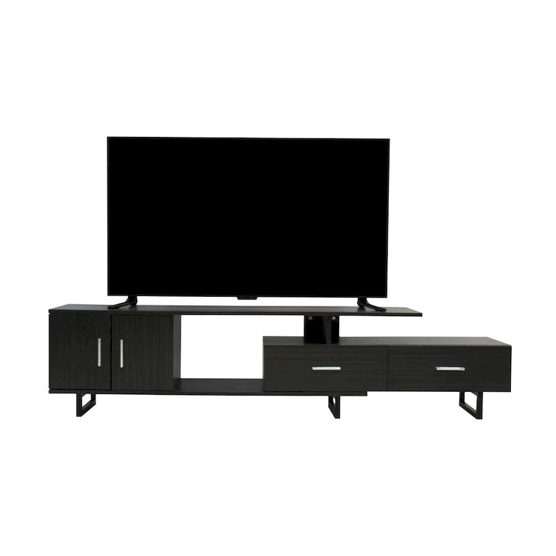 Meuble TV 55 pouces blanc avec étagères ouvertes, tiroirs, armoire et pieds en métal