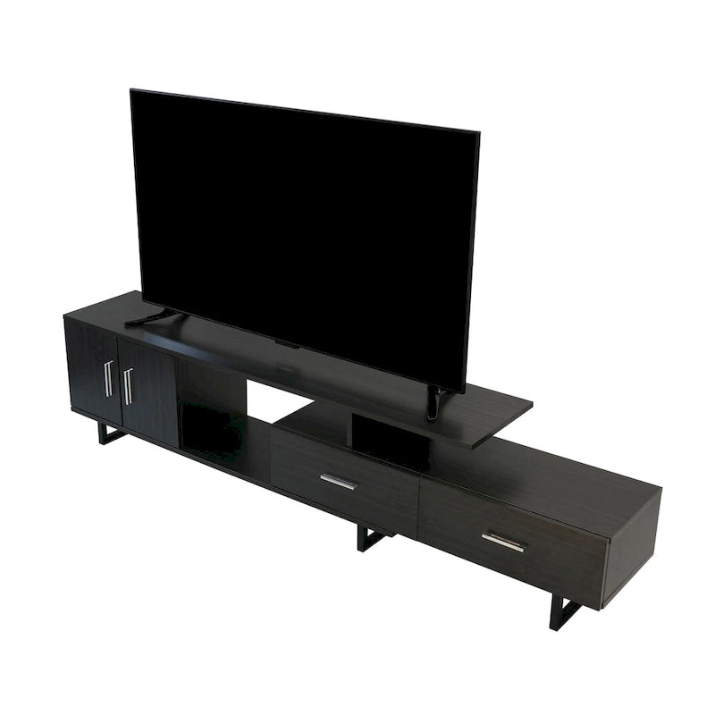 Meuble TV 55 pouces blanc avec étagères ouvertes, tiroirs, armoire et pieds en métal
