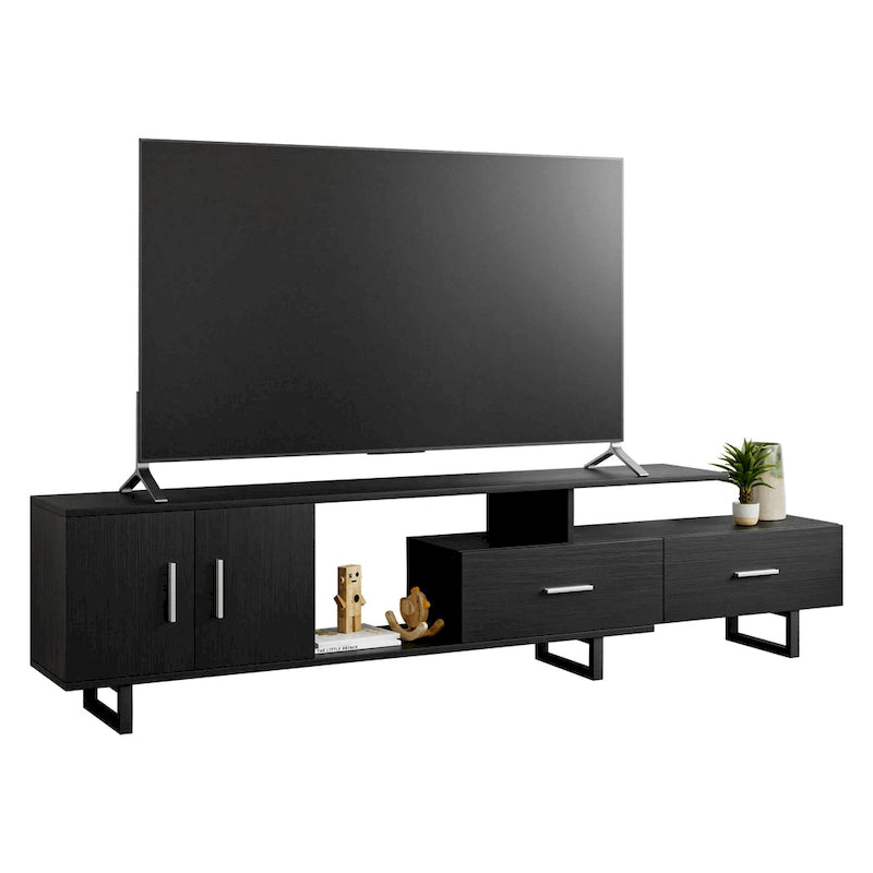 Meuble TV 55 pouces blanc avec étagères ouvertes, tiroirs, armoire et pieds en métal