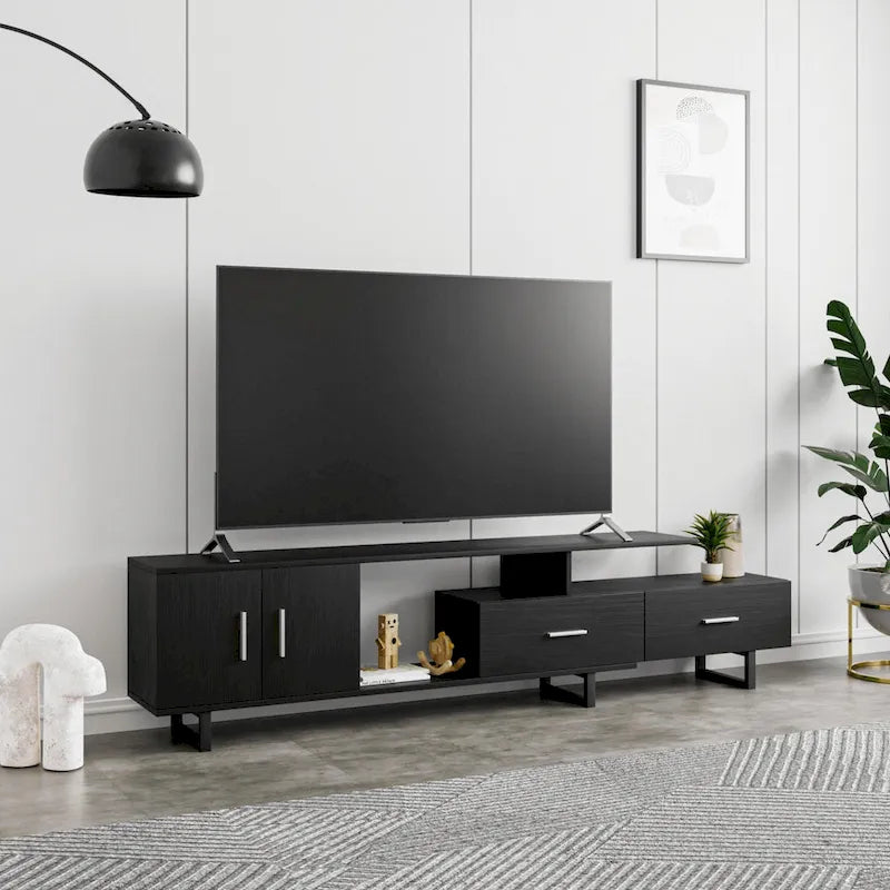 Meuble TV 55 pouces blanc avec étagères ouvertes, tiroirs, armoire et pieds en métal