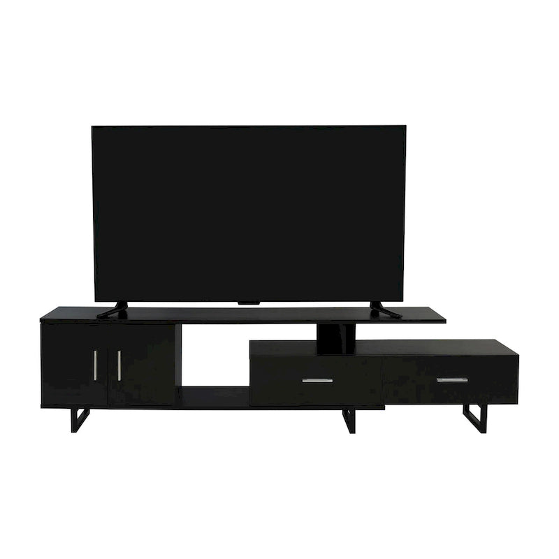 Meuble TV 55 pouces blanc avec étagères ouvertes, tiroirs, armoire et pieds en métal