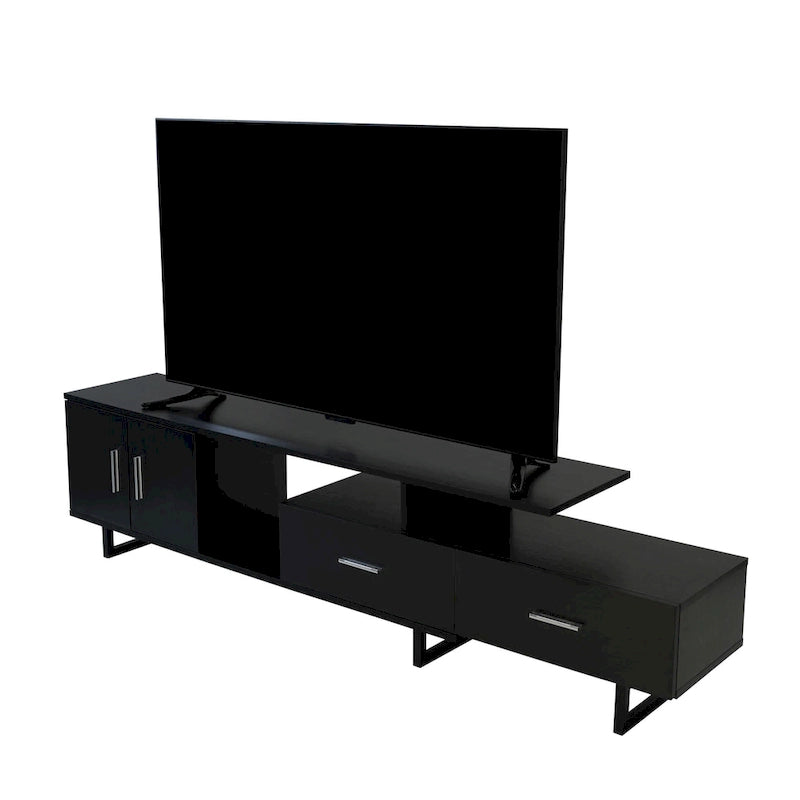 Meuble TV 55 pouces blanc avec étagères ouvertes, tiroirs, armoire et pieds en métal