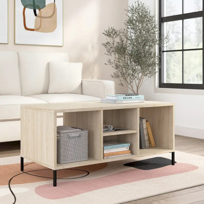 Table basse à étagères ouvertes avec compartiments de rangement, orme naturel et pieds en acier noir