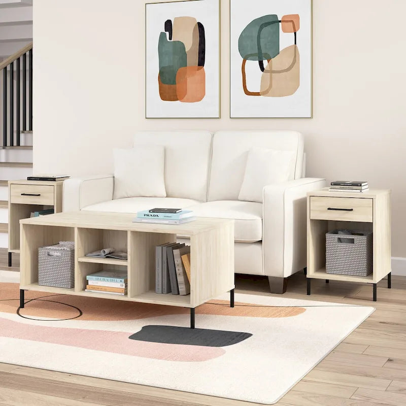 Table basse à étagères ouvertes avec compartiments de rangement, orme naturel et pieds en acier noir