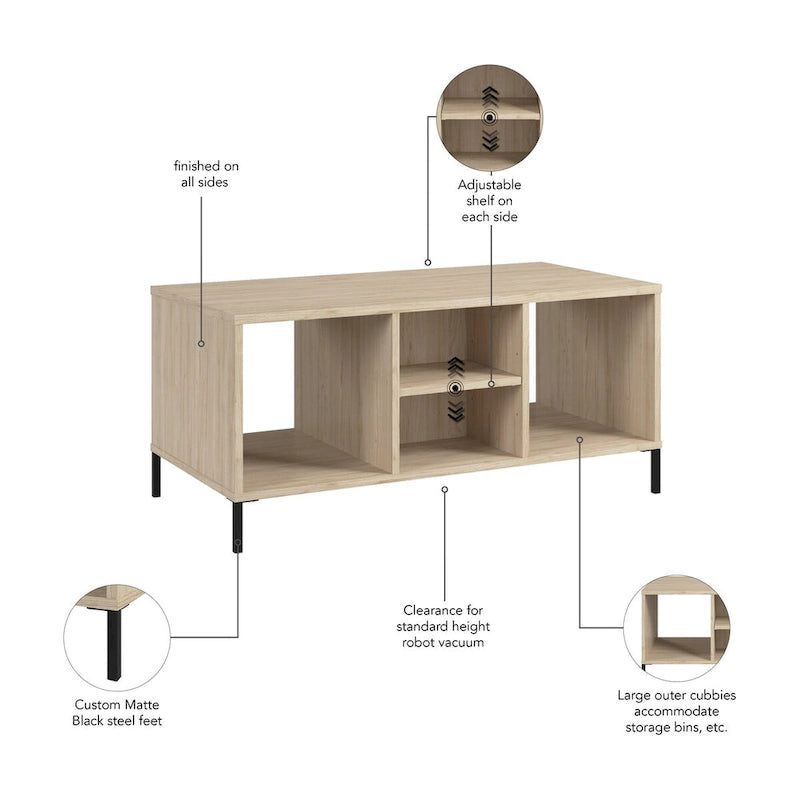 Table basse à étagères ouvertes avec compartiments de rangement, orme naturel et pieds en acier noir