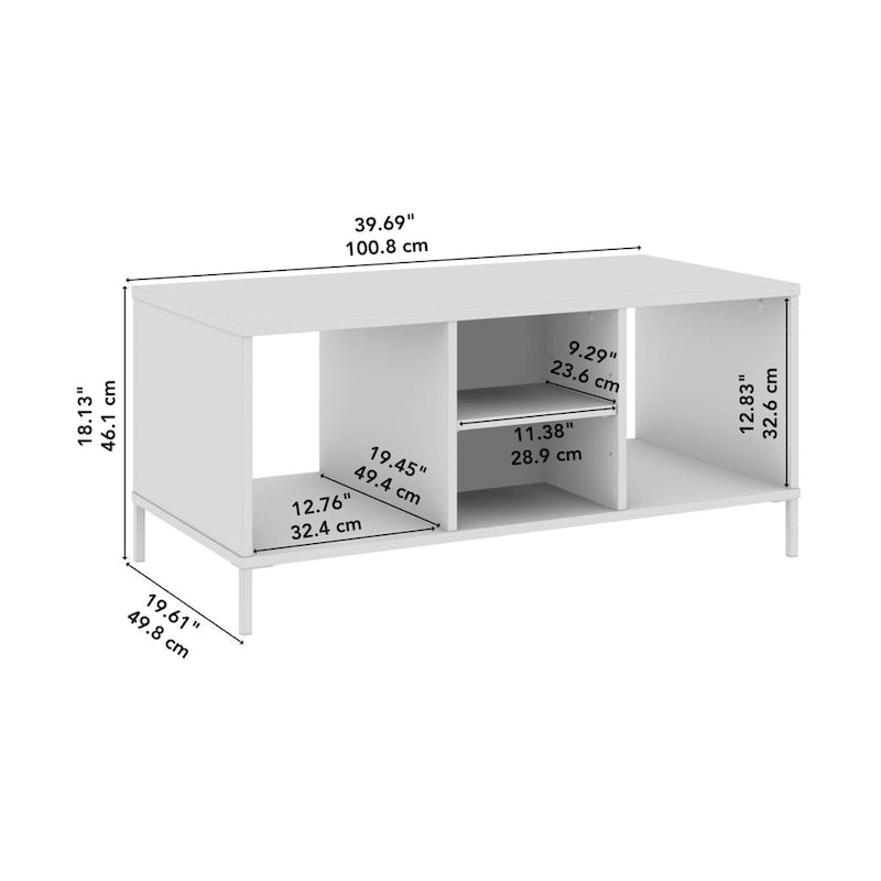 Table basse à étagères ouvertes avec compartiments de rangement, orme naturel et pieds en acier noir