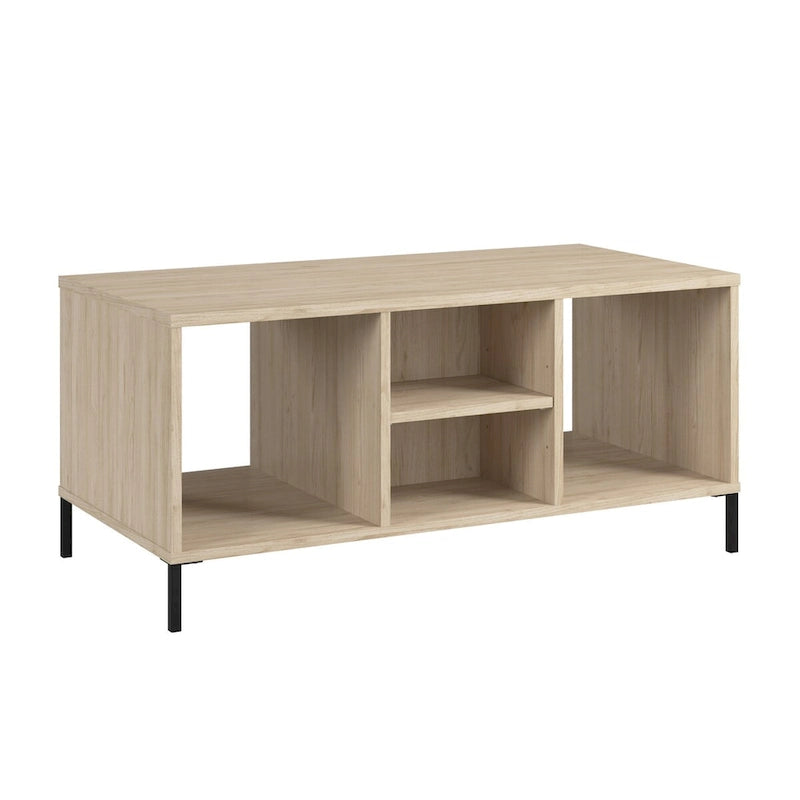 Table basse à étagères ouvertes avec compartiments de rangement, orme naturel et pieds en acier noir