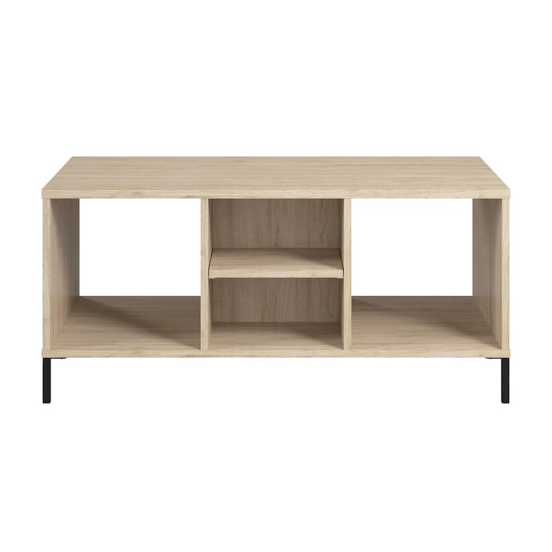 Table basse à étagères ouvertes avec compartiments de rangement, orme naturel et pieds en acier noir