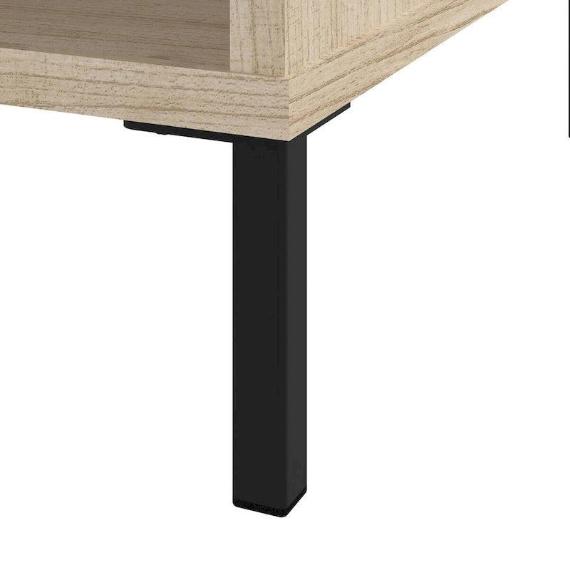 Table basse à étagères ouvertes avec compartiments de rangement, orme naturel et pieds en acier noir