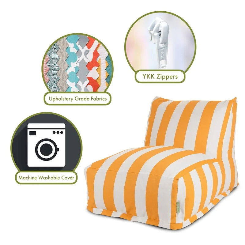 Fauteuil de salon/pouf d'intérieur/extérieur à rayures jaunes, rempli de billes de polystyrène, accent blanc cassé