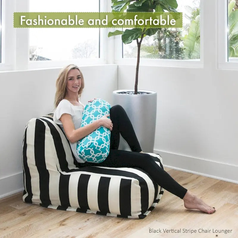 Fauteuil de salon/pouf d'intérieur/extérieur à rayures jaunes, rempli de billes de polystyrène, accent blanc cassé