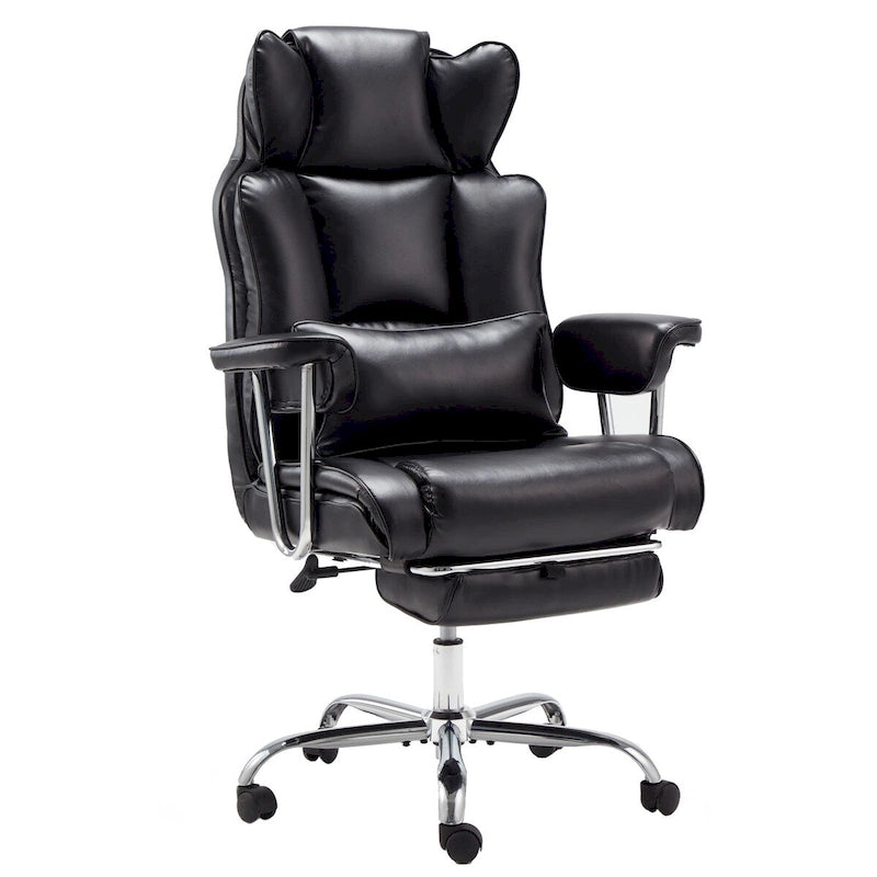 Fauteuil de bureau de direction en cuir à dossier haut avec repose-pieds et soutien lombaire noir