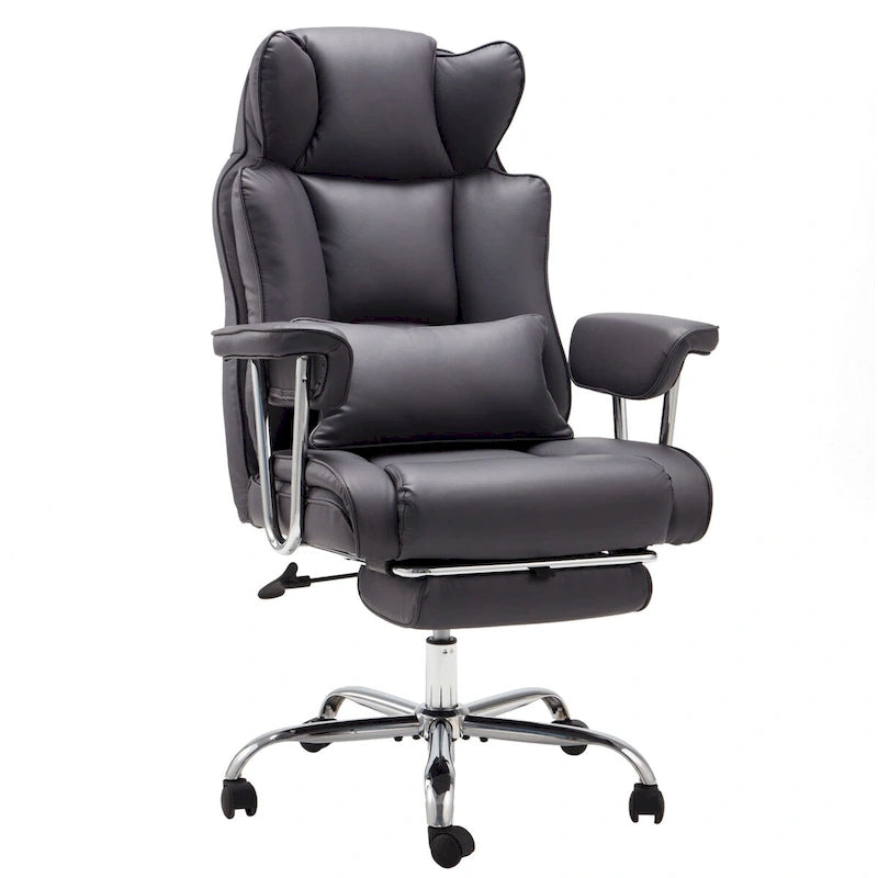 Fauteuil de bureau de direction en cuir à dossier haut avec repose-pieds et soutien lombaire noir