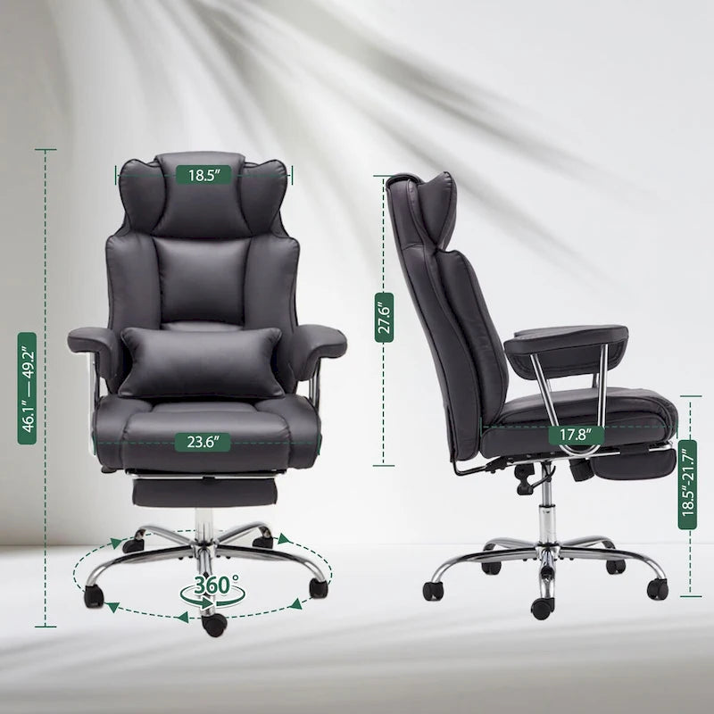 Fauteuil de bureau de direction en cuir à dossier haut avec repose-pieds et soutien lombaire noir