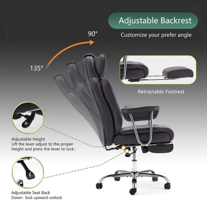 Fauteuil de bureau de direction en cuir à dossier haut avec repose-pieds et soutien lombaire noir