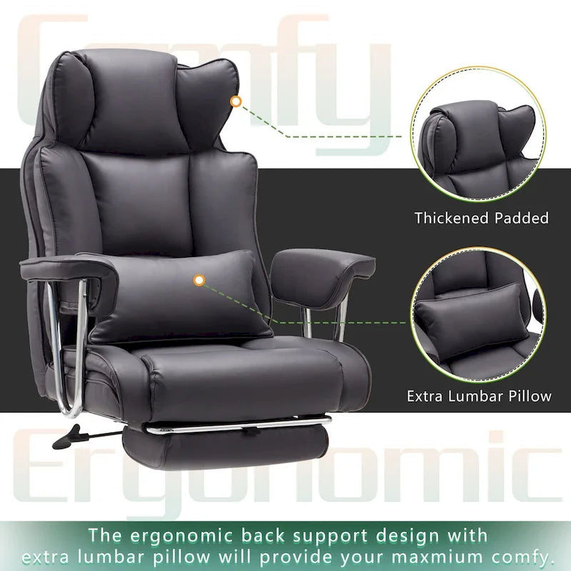 Fauteuil de bureau de direction en cuir à dossier haut avec repose-pieds et soutien lombaire noir