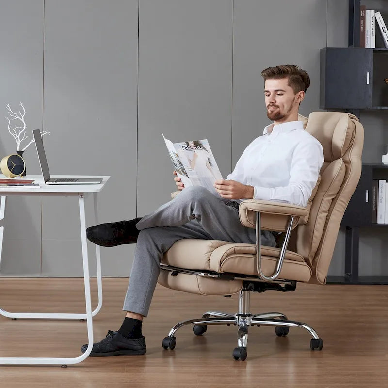 Fauteuil de bureau de direction en cuir à dossier haut avec repose-pieds et soutien lombaire noir