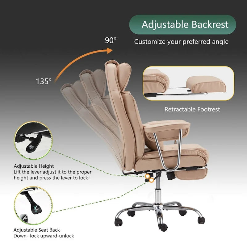 Fauteuil de bureau de direction en cuir à dossier haut avec repose-pieds et soutien lombaire noir