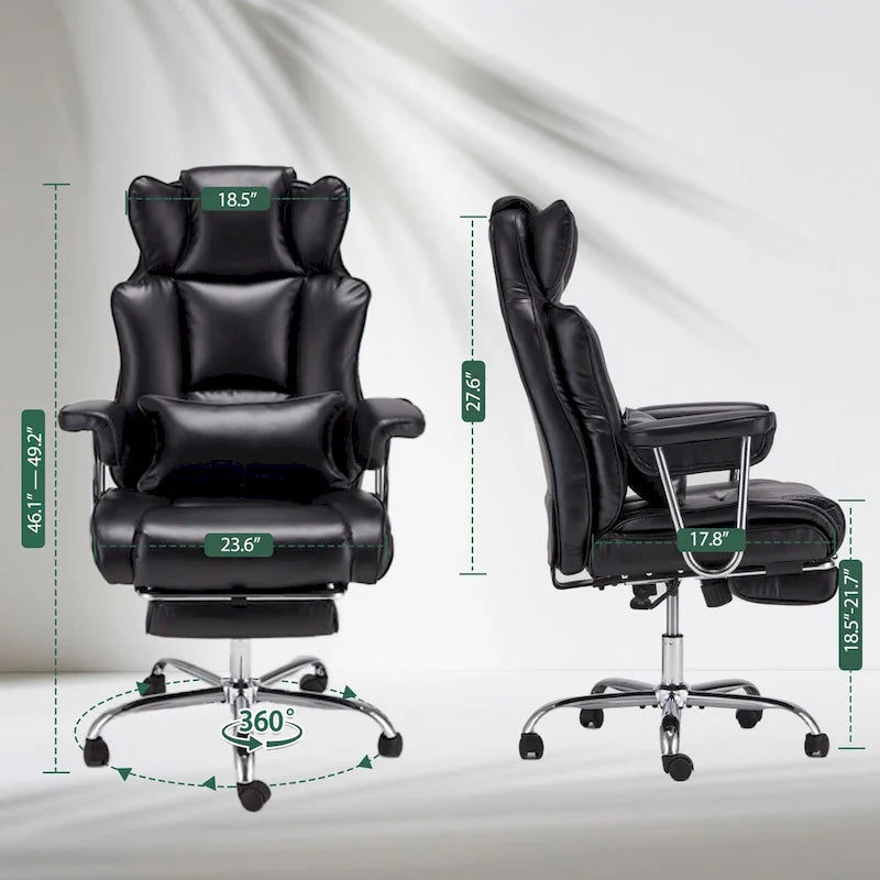 Fauteuil de bureau de direction en cuir à dossier haut avec repose-pieds et soutien lombaire noir