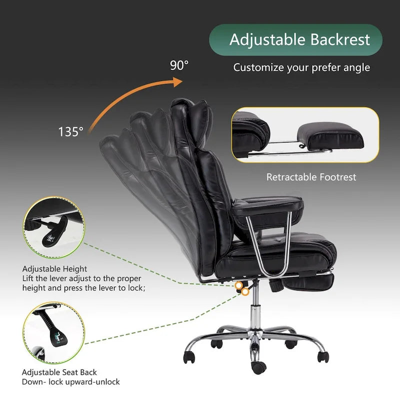 Fauteuil de bureau de direction en cuir à dossier haut avec repose-pieds et soutien lombaire noir
