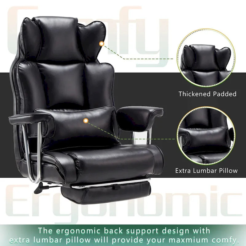 Fauteuil de bureau de direction en cuir à dossier haut avec repose-pieds et soutien lombaire noir