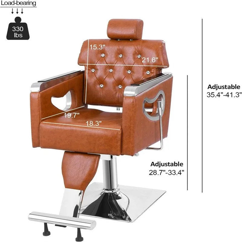 Fauteuil de barbier inclinable capitonné marron avec appuie-tête réglable et élévateur hydraulique
