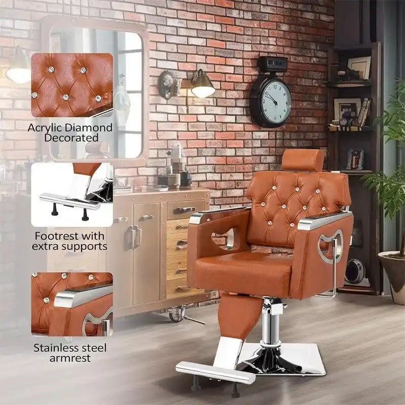 Fauteuil de barbier inclinable capitonné marron avec appuie-tête réglable et élévateur hydraulique