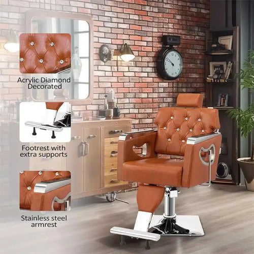 Fauteuil de barbier inclinable capitonné marron avec appuie-tête réglable et élévateur hydraulique