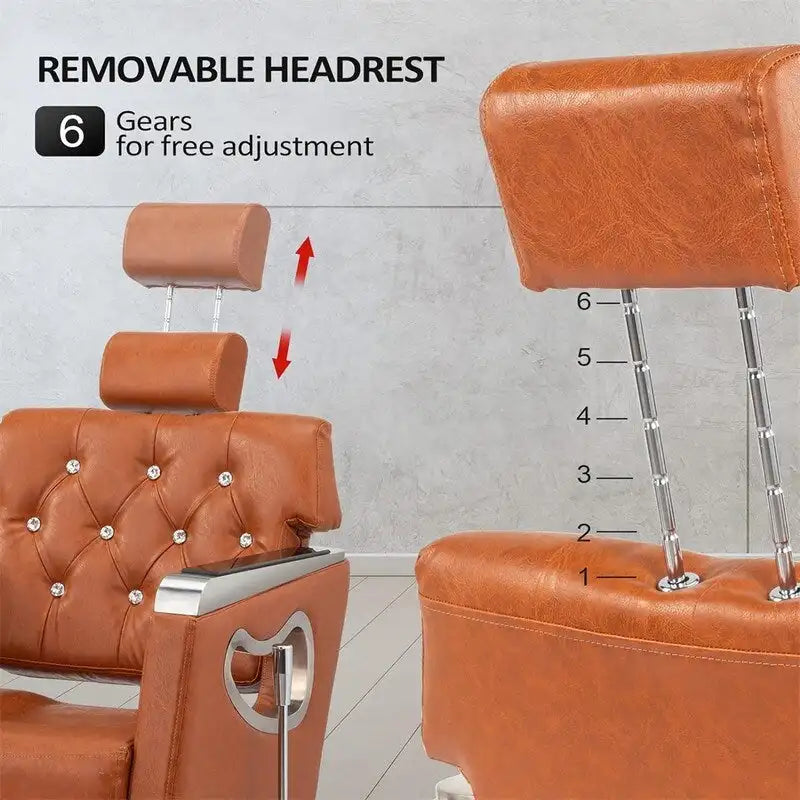 Fauteuil de barbier inclinable capitonné marron avec appuie-tête réglable et élévateur hydraulique