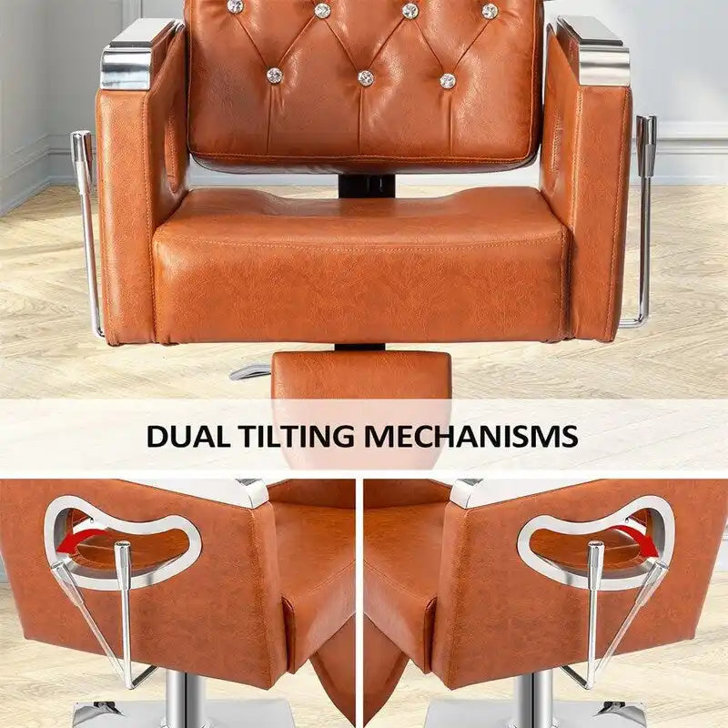 Fauteuil de barbier inclinable capitonné marron avec appuie-tête réglable et élévateur hydraulique