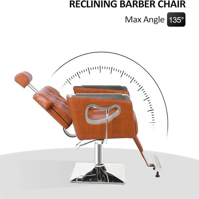 Fauteuil de barbier inclinable capitonné marron avec appuie-tête réglable et élévateur hydraulique