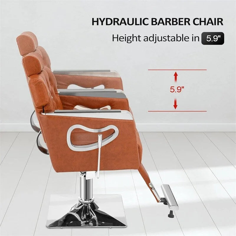Fauteuil de barbier inclinable capitonné marron avec appuie-tête réglable et élévateur hydraulique