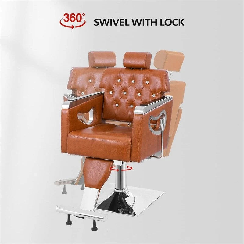 Fauteuil de barbier inclinable capitonné marron avec appuie-tête réglable et élévateur hydraulique