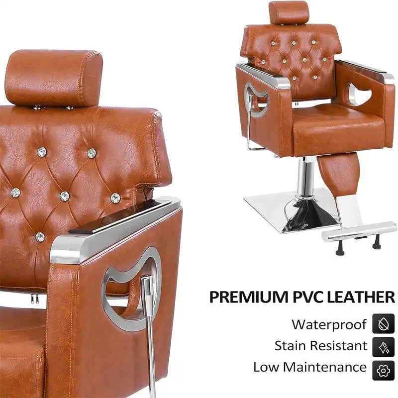 Fauteuil de barbier inclinable capitonné marron avec appuie-tête réglable et élévateur hydraulique