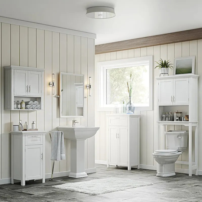 Meuble de salle de bain bas blanc à porte simple, tiroir et étagère réglable