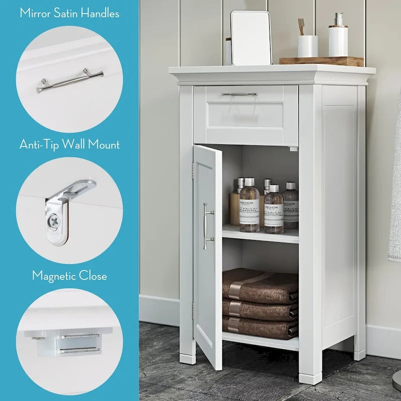 Meuble de salle de bain bas blanc à porte simple, tiroir et étagère réglable