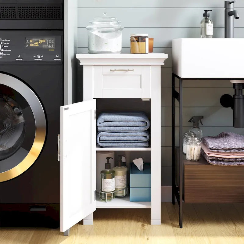Meuble de salle de bain bas blanc à porte simple, tiroir et étagère réglable
