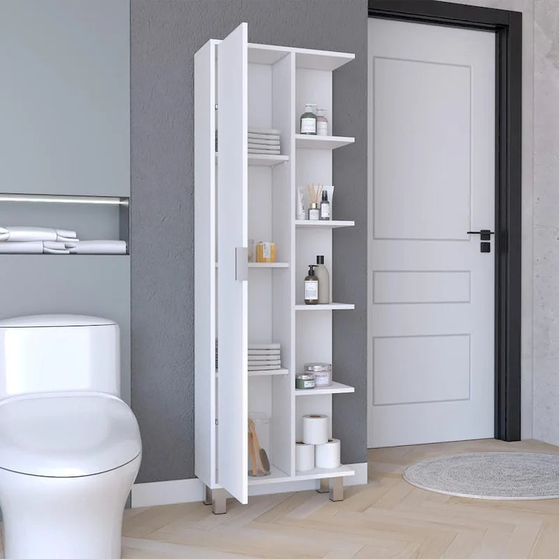 Meuble Colonne de Rangement Haut de Salle de Bain Blanc avec Porte et Étagères Ouvertes Mat
