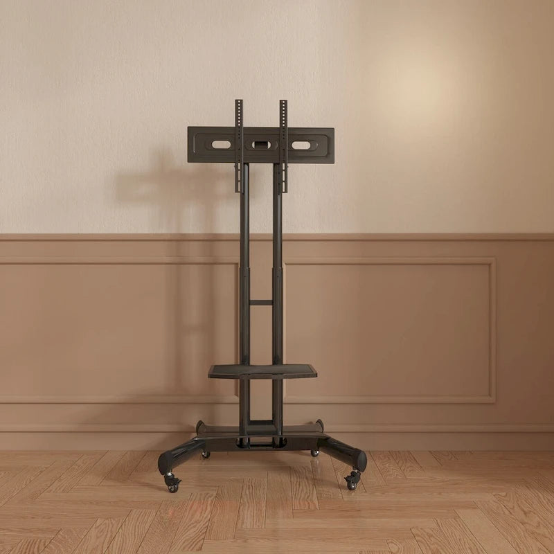 Meuble TV sur pied roulant réglable en hauteur avec support pivotant et étagère, noir