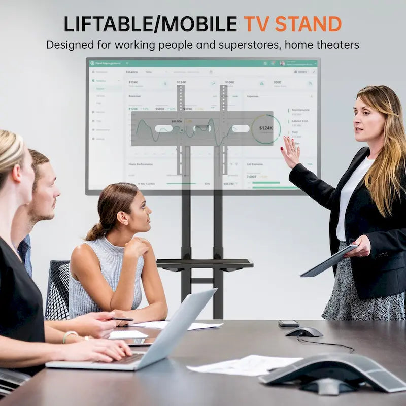 Meuble TV sur pied roulant réglable en hauteur avec support pivotant et étagère, noir