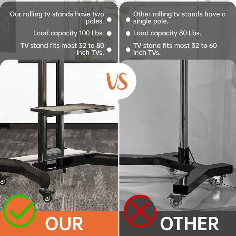 Meuble TV sur pied roulant réglable en hauteur avec support pivotant et étagère, noir
